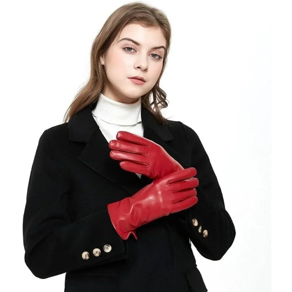 Women’s Leather Gloves Genuine SheepSkin Leather Cold Weather Cashmere Red